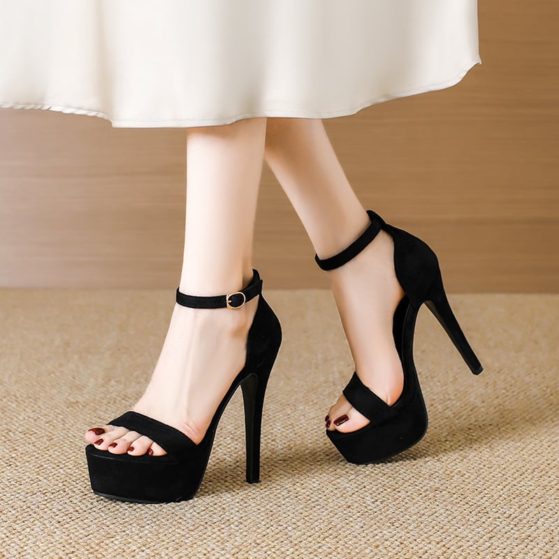 Sandale cu toc înalt, partea superioară velur, vârf deschis în formă de gură de pește, talpă din cauciuc, căptușeală din microfibră, închidere cu cataramă pe o singură curea (velur superior; vârf deschis; talpă din cauciuc; microfibră; cataramă)