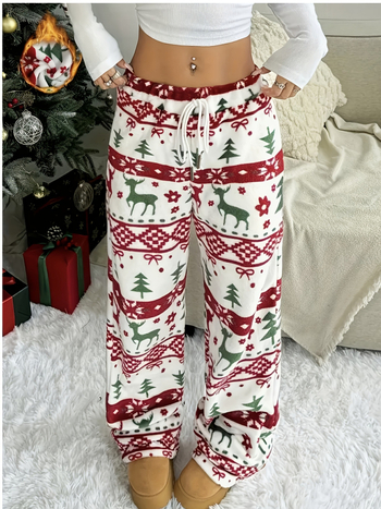 Dámske nohavice s širokým strihom, vysoký pás, polyester, fleecová podšívka, vianočný motív soba