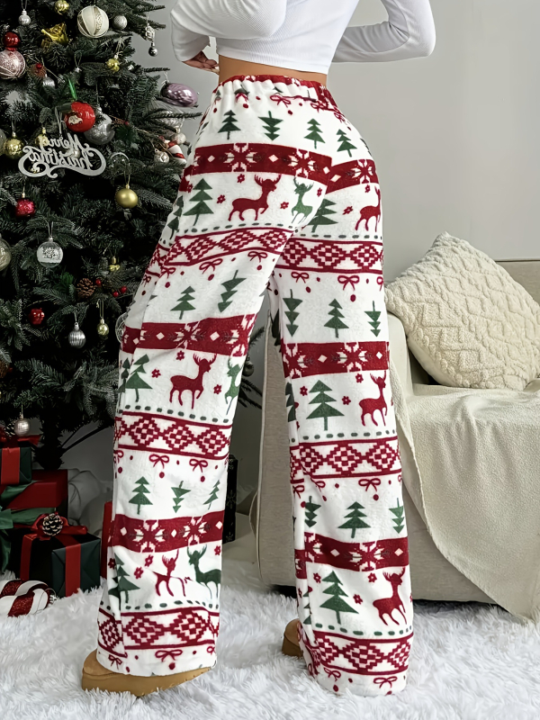 Dámske nohavice s širokým strihom, vysoký pás, polyester, fleecová podšívka, vianočný motív soba