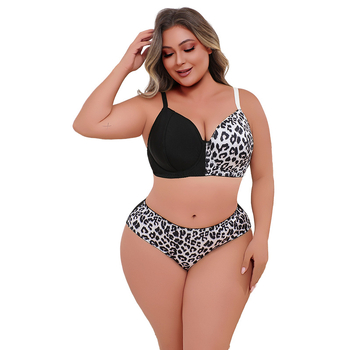 Moterų dviejų dalių apatinių komplektas su leopardiniu patchwork raštu, nėrinių apdaila, reguliuojamos petnešėlės, priekinė užsegimas kabliuku, 3/4 puodelio forma, poliesterio audinys