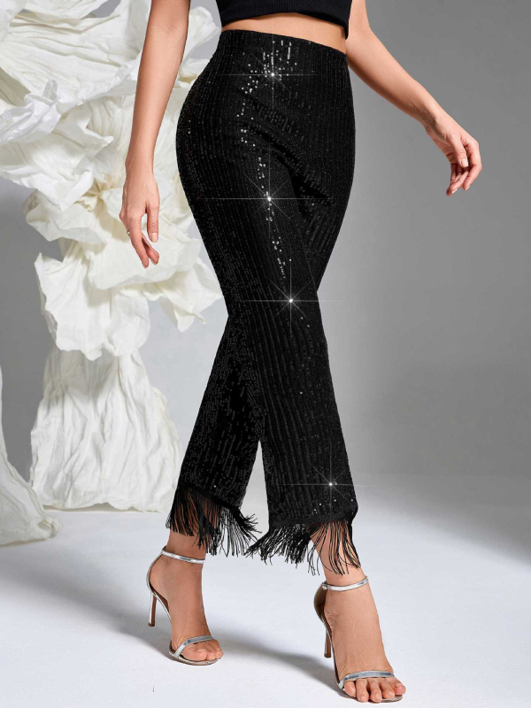 Ženske hlače sa šljokicama, visokim strukom, ravnim krojem, kratka duljina, resice na rubu