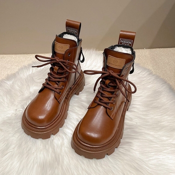 Ghete de iarnă pentru femei, amestec piele-blană, căptușite cu blană, înalte, talpă groasă din cauciuc, stil Martin