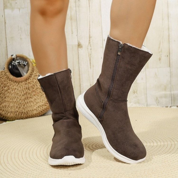 Γυναικείες μπότες χιονιού μέχρι τη γάμπα, ζεστά καθημερινά χειμερινά μποτάκια, εξωτερικό από συνθετικό φλίς, επένδυση και σόλα από σουέντ, στρογγυλή μύτη, πλαϊνό φερμουάρ, επίπεδο τακούνι
