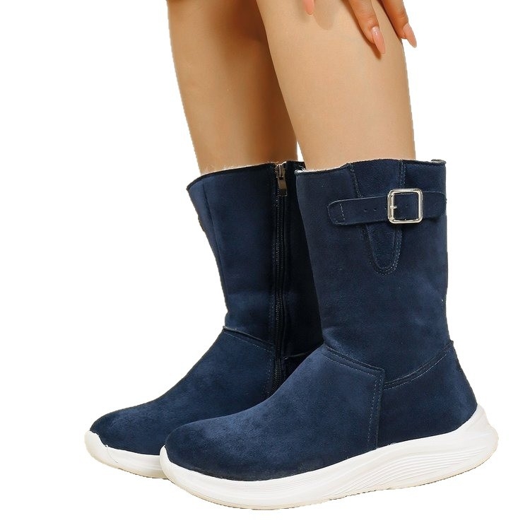 Γυναικείες μπότες χιονιού μέχρι τη γάμπα, ζεστά καθημερινά χειμερινά μποτάκια, εξωτερικό από συνθετικό φλίς, επένδυση και σόλα από σουέντ, στρογγυλή μύτη, πλαϊνό φερμουάρ, επίπεδο τακούνι
