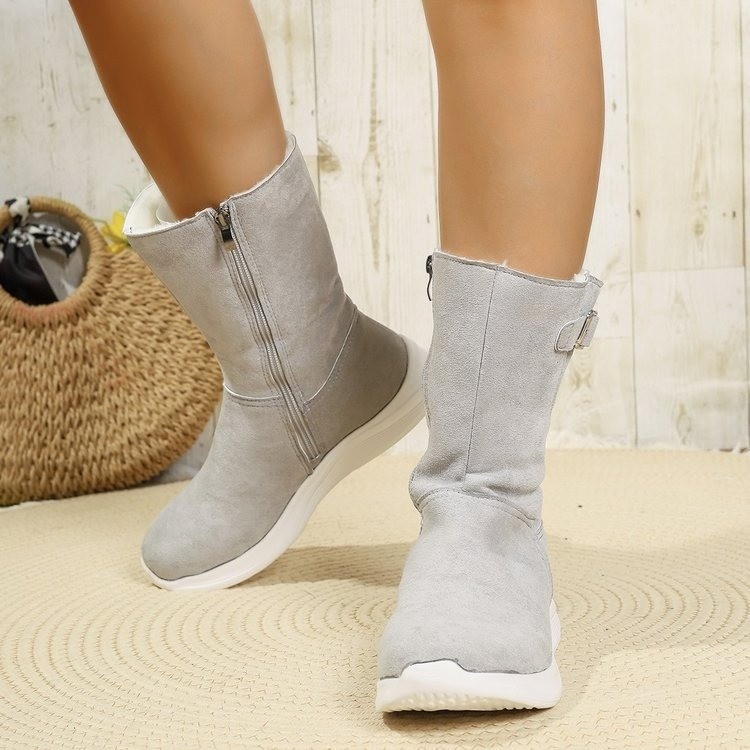 Γυναικείες μπότες χιονιού μέχρι τη γάμπα, ζεστά καθημερινά χειμερινά μποτάκια, εξωτερικό από συνθετικό φλίς, επένδυση και σόλα από σουέντ, στρογγυλή μύτη, πλαϊνό φερμουάρ, επίπεδο τακούνι