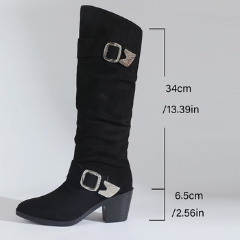 Női velúr magas szárú csizma, hegyes orr, vastag sarkú, 6–8 cm sarkmagasság