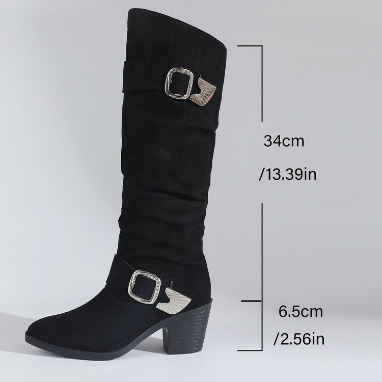 Női velúr magas szárú csizma, hegyes orr, vastag sarkú, 6–8 cm sarkmagasság
