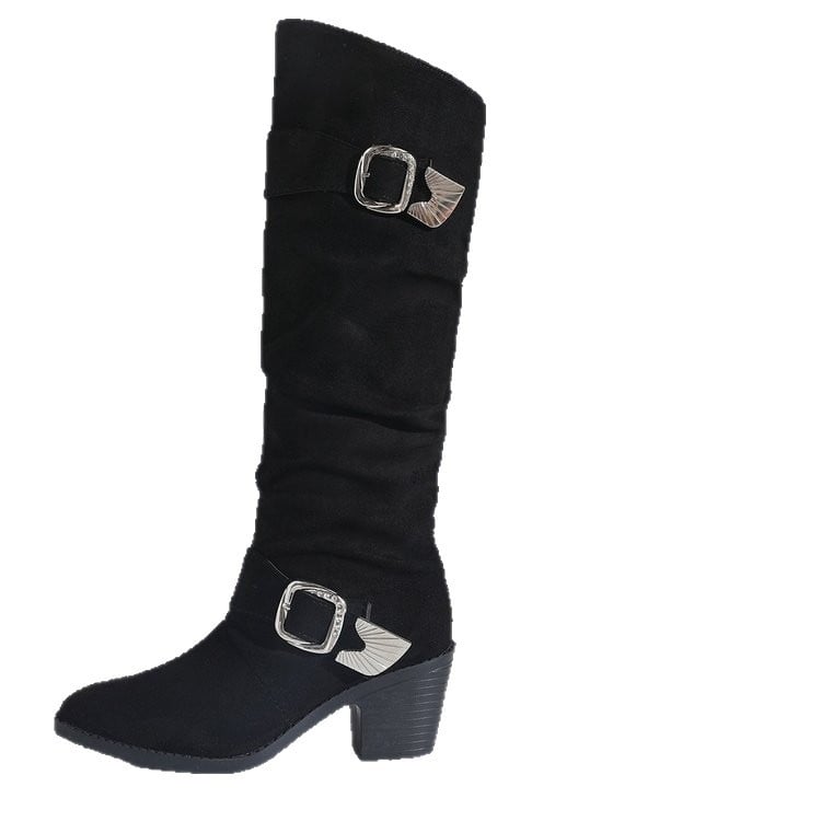 Női velúr magas szárú csizma, hegyes orr, vastag sarkú, 6–8 cm sarkmagasság