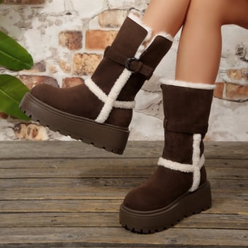 Снегоботи със замшев връх, висок маншет, дебел ток, кръгъл нос