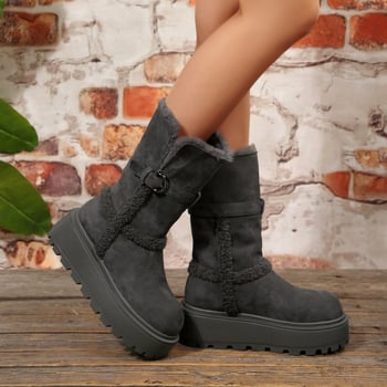 Снегоботи със замшев връх, висок маншет, дебел ток, кръгъл нос