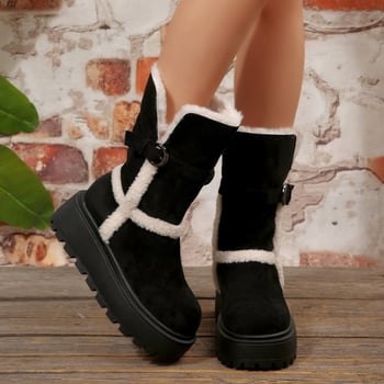 Снегоботи със замшев връх, висок маншет, дебел ток, кръгъл нос