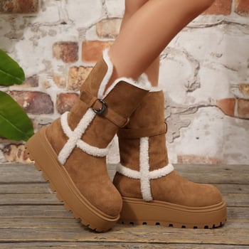 Снегоботи със замшев връх, висок маншет, дебел ток, кръгъл нос