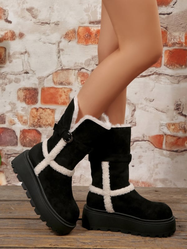 Снегоботи със замшев връх, висок маншет, дебел ток, кръгъл нос