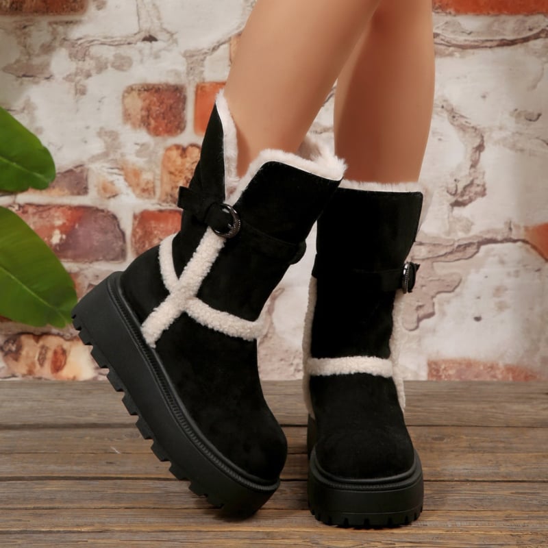 Снегоботи със замшев връх, висок маншет, дебел ток, кръгъл нос