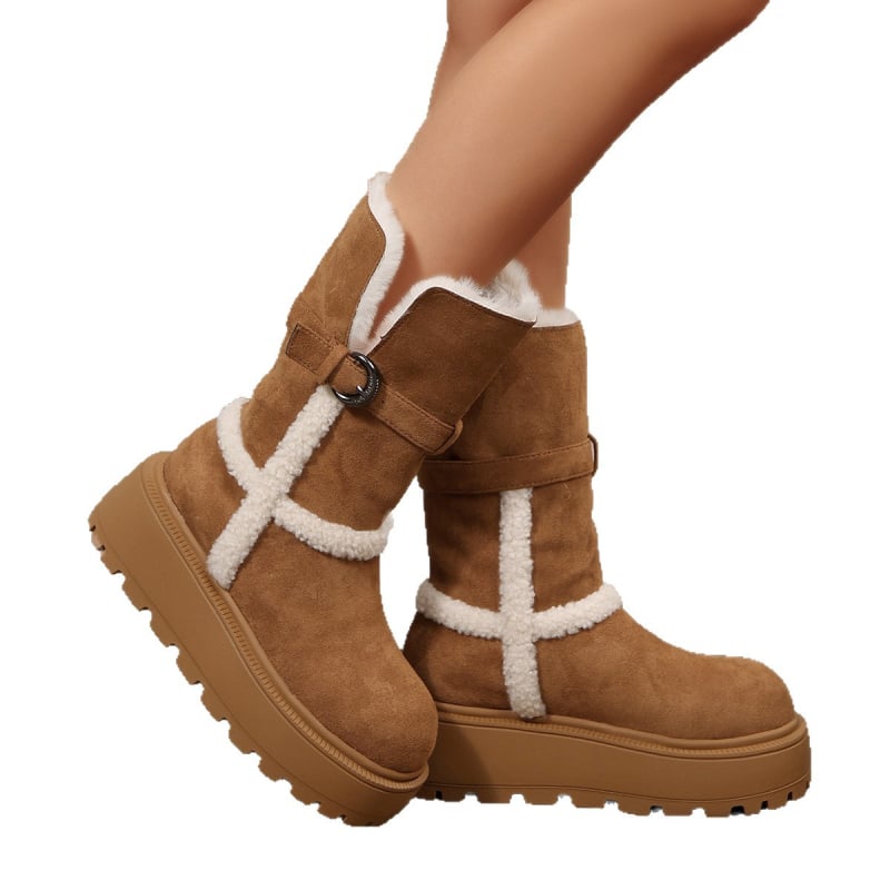 Снегоботи със замшев връх, висок маншет, дебел ток, кръгъл нос