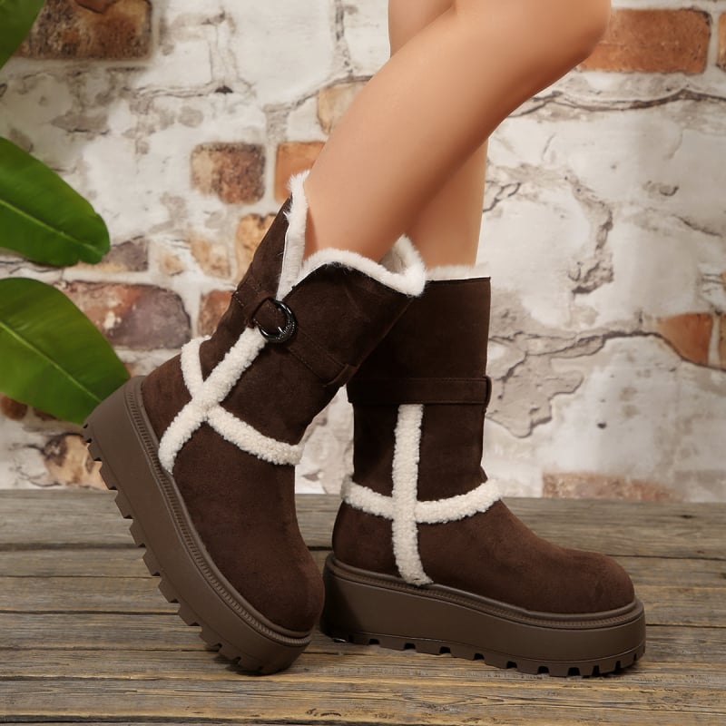 Снегоботи със замшев връх, висок маншет, дебел ток, кръгъл нос