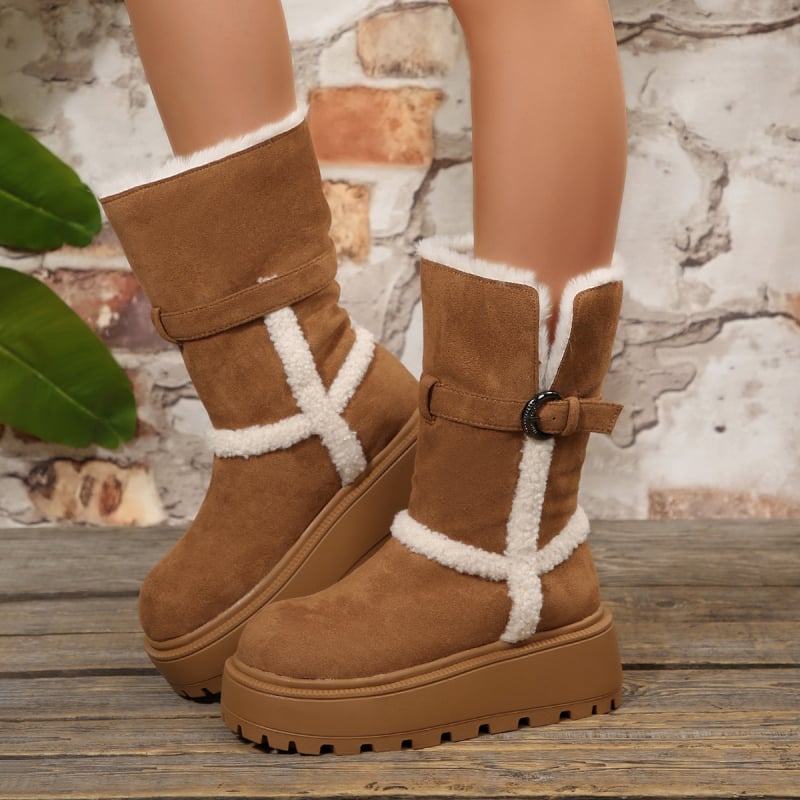 Снегоботи със замшев връх, висок маншет, дебел ток, кръгъл нос