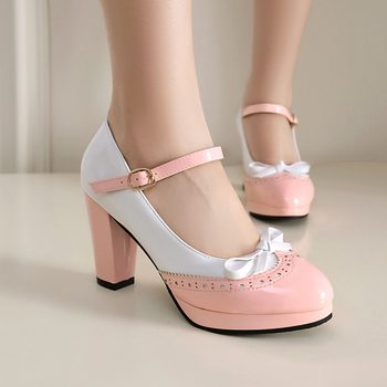 Női magas sarkú cipő – kerek orrú, PU felsőrész, vastag sarok, csattal zárható, középső nyílás 7–11 cm