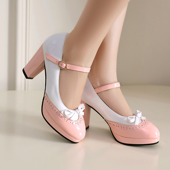 Női magas sarkú cipő – kerek orrú, PU felsőrész, vastag sarok, csattal zárható, középső nyílás 7–11 cm