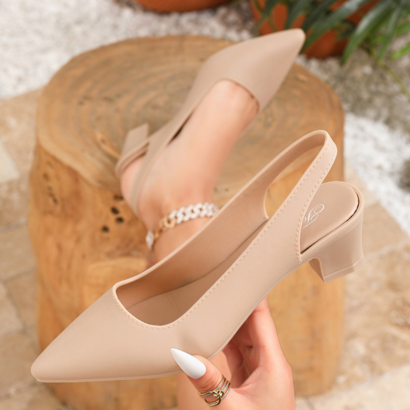 Sandale dama cu vârf ascuțit, șiret în spate, partea superioară PVC, toc mediu 3-6 cm