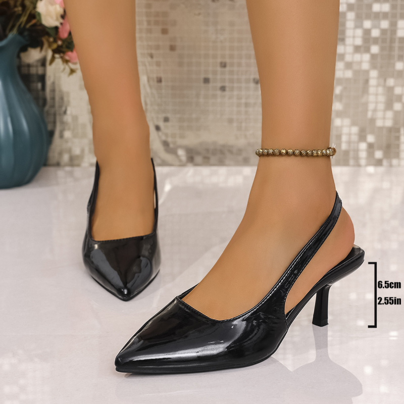 Sandale cu toc înalt, fără spate, vârf ascuțit, toc subțire 6-8 cm, PU partea superioară, vara 2025