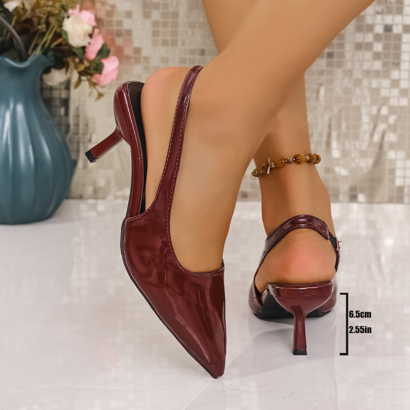 Sandale cu toc înalt, fără spate, vârf ascuțit, toc subțire 6-8 cm, PU partea superioară, vara 2025