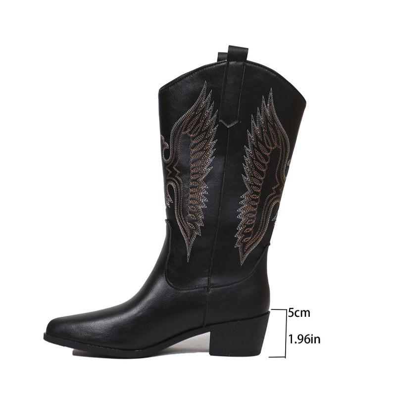 Cizme brodate în stil cavaleresc, gât în V, toc mediu 3-5 cm, până la genunchi, partea superioară PU, talpă din cauciuc, vârf rotund