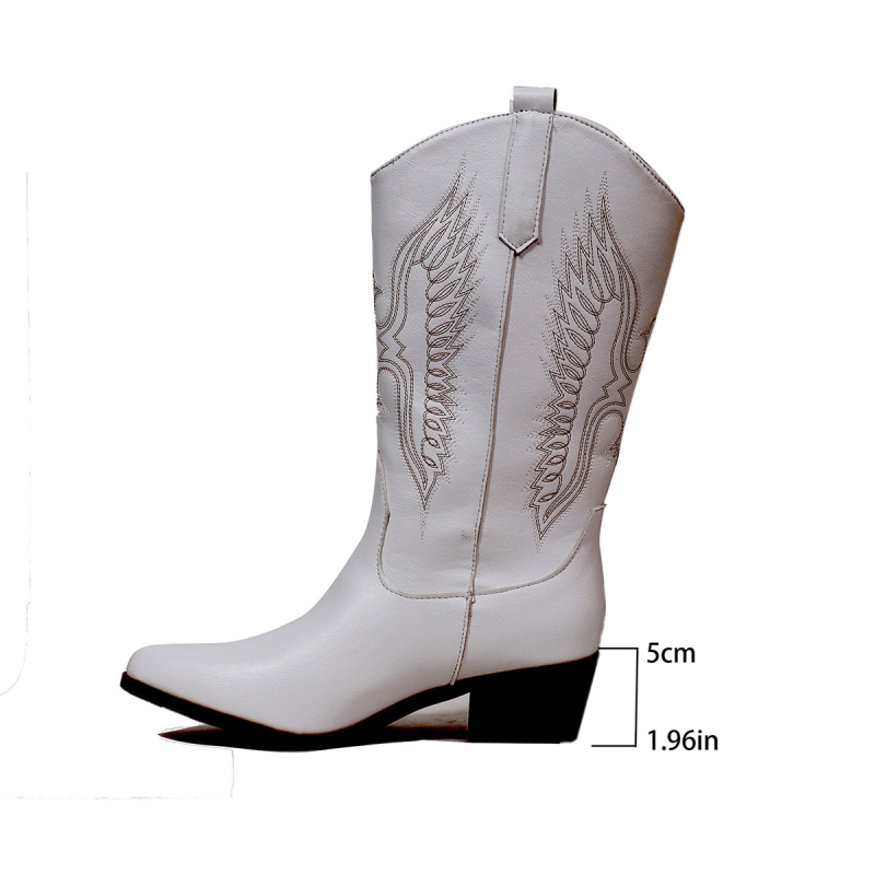 Cizme brodate în stil cavaleresc, gât în V, toc mediu 3-5 cm, până la genunchi, partea superioară PU, talpă din cauciuc, vârf rotund