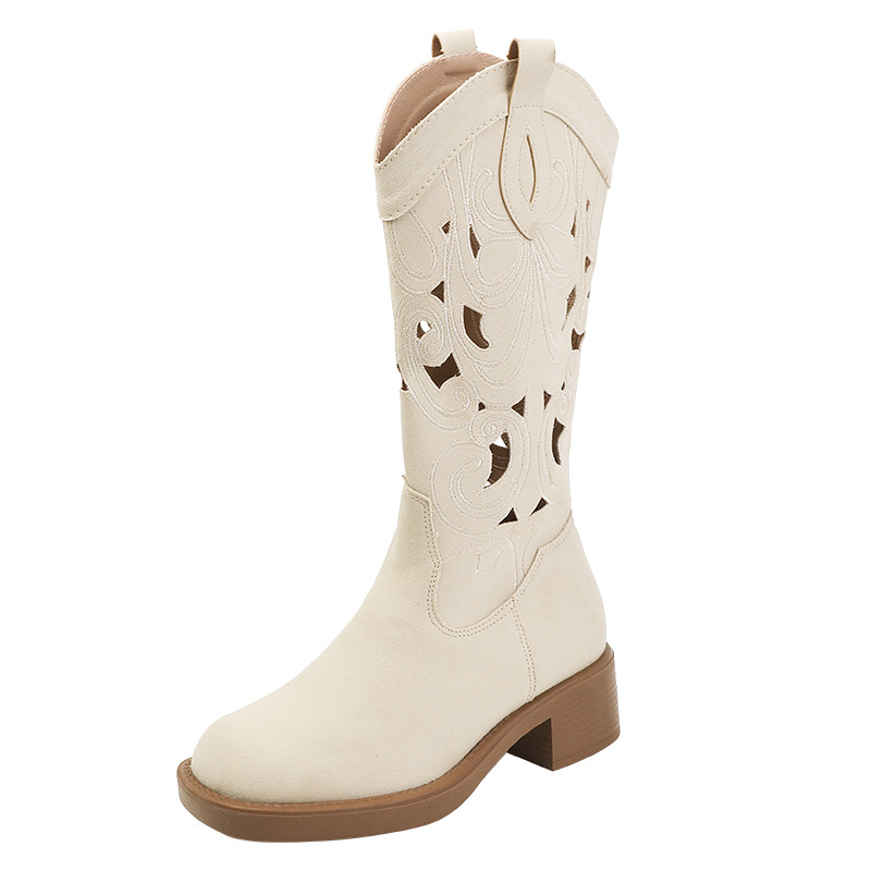 Cizme cavaler cu vârf pătrat, toc gros 6–8 cm, înălțime medie a gambelor, partea superioară din super fiber, talpă din cauciuc