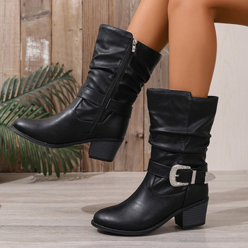 Cizme de cowboy pentru femei, stil european și american, înălțime mid shaft, toc gros 3–5 cm, PU partea superioară