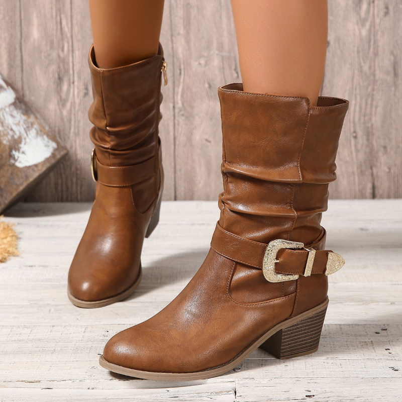 Cizme de cowboy pentru femei, stil european și american, înălțime mid shaft, toc gros 3–5 cm, PU partea superioară