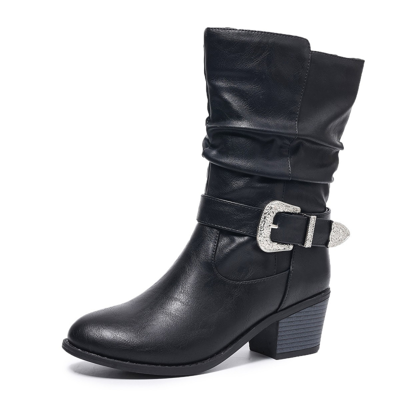 Cizme de cowboy pentru femei, stil european și american, înălțime mid shaft, toc gros 3–5 cm, PU partea superioară