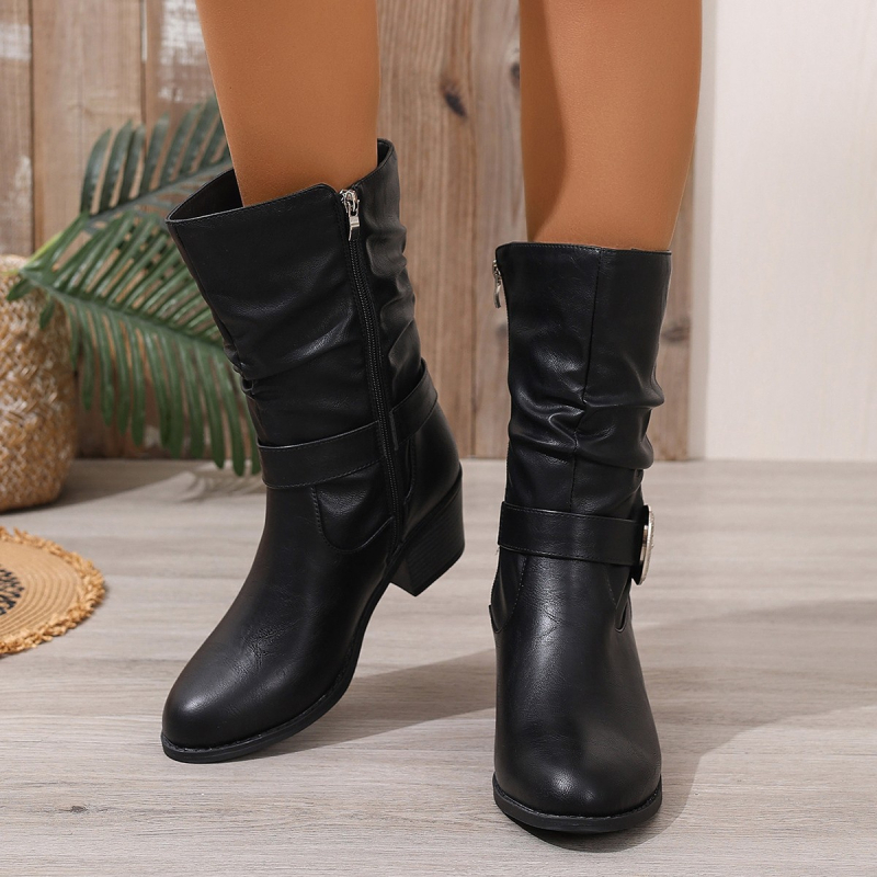 Cizme de cowboy pentru femei, stil european și american, înălțime mid shaft, toc gros 3–5 cm, PU partea superioară