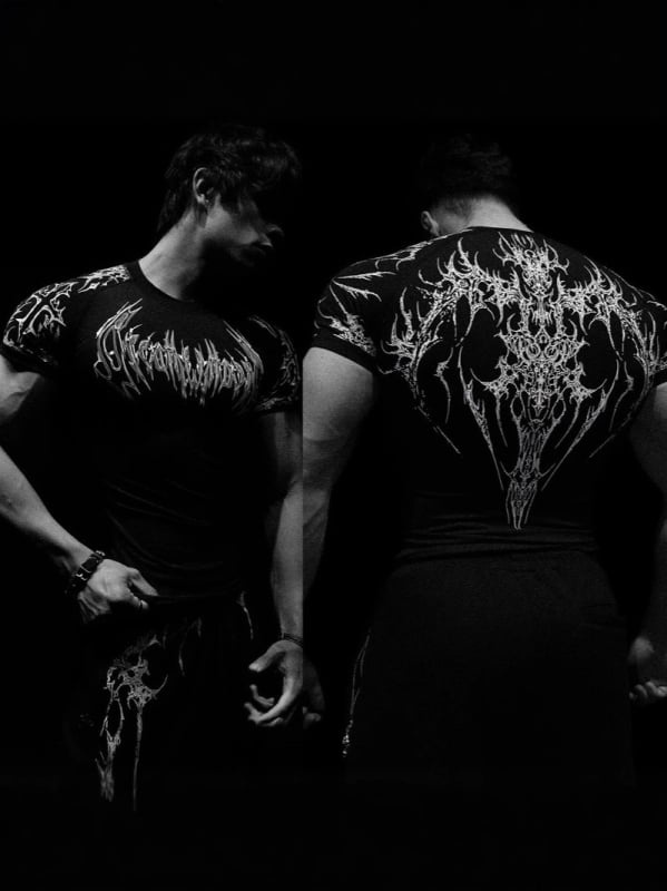 Tricou de antrenament slim cu imprimeu Skeleton demon, amestec Milk silk-poliester 91-95%, mâneci raglan, guler rotund, uscare rapidă, respirabil, absorbție umezeală, vară 2025