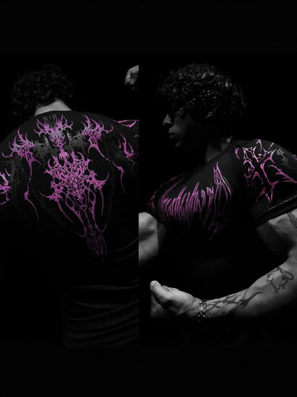 Tricou de antrenament slim cu imprimeu Skeleton demon, amestec Milk silk-poliester 91-95%, mâneci raglan, guler rotund, uscare rapidă, respirabil, absorbție umezeală, vară 2025