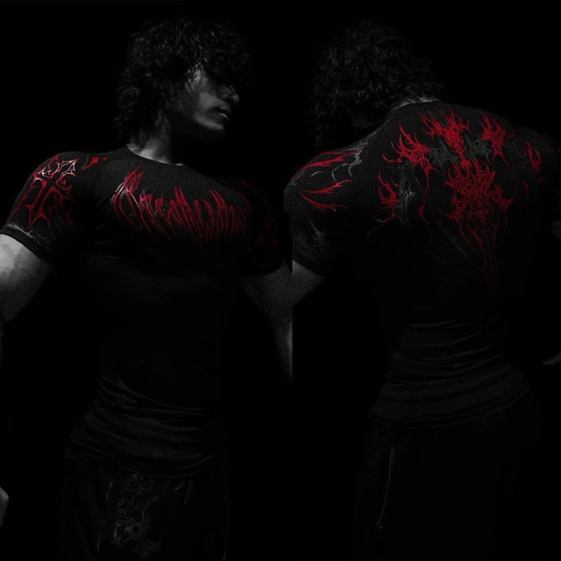 Tricou de antrenament slim cu imprimeu Skeleton demon, amestec Milk silk-poliester 91-95%, mâneci raglan, guler rotund, uscare rapidă, respirabil, absorbție umezeală, vară 2025