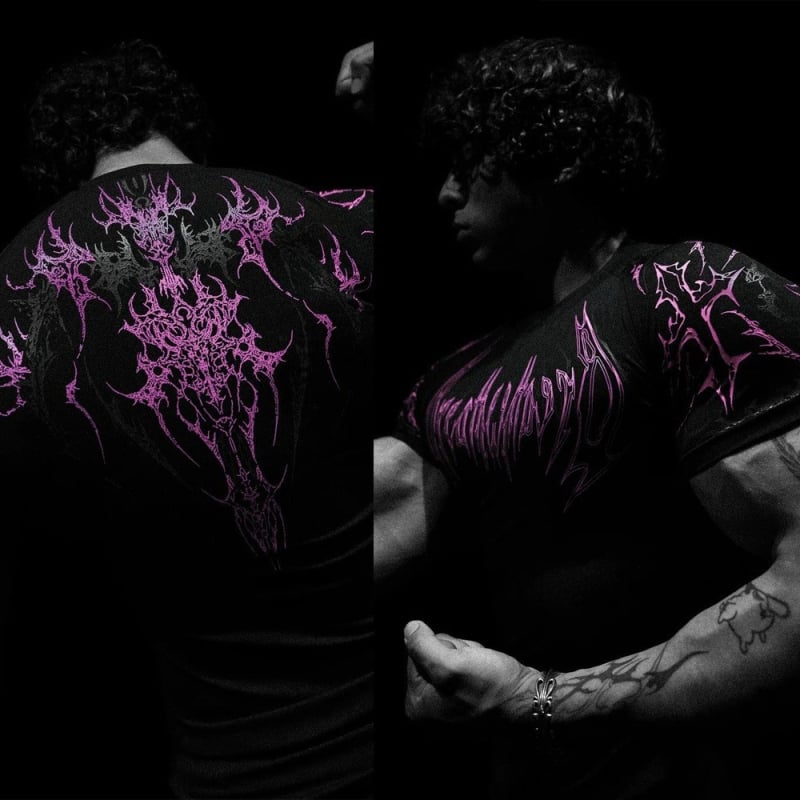 Tricou de antrenament slim cu imprimeu Skeleton demon, amestec Milk silk-poliester 91-95%, mâneci raglan, guler rotund, uscare rapidă, respirabil, absorbție umezeală, vară 2025