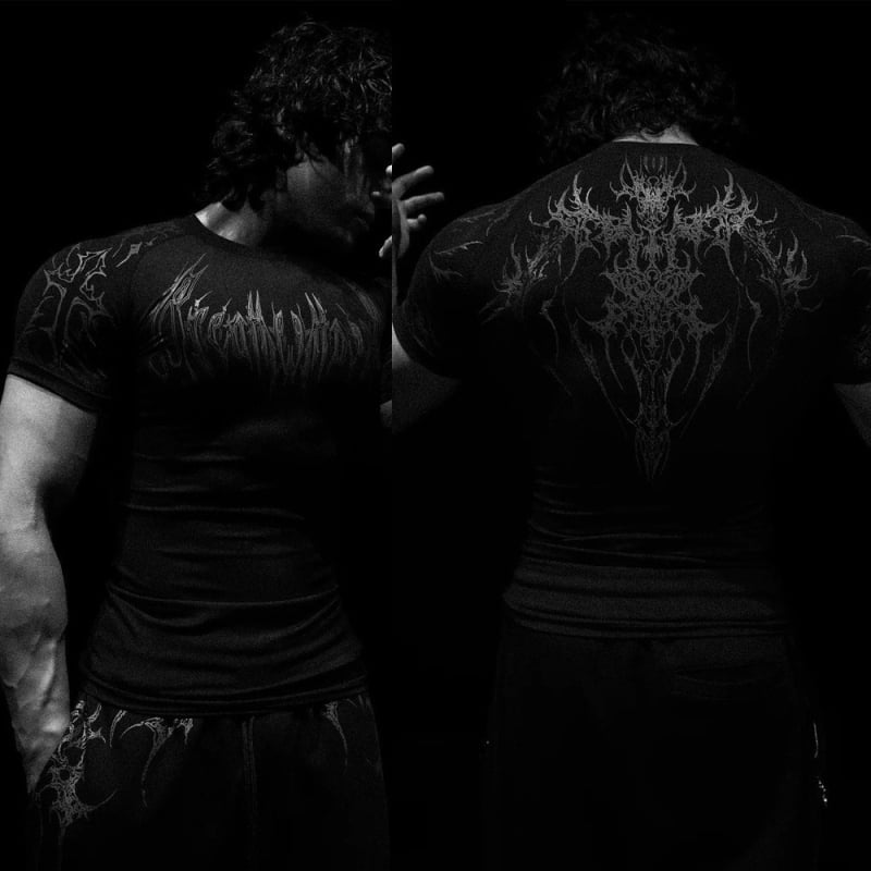 Tricou de antrenament slim cu imprimeu Skeleton demon, amestec Milk silk-poliester 91-95%, mâneci raglan, guler rotund, uscare rapidă, respirabil, absorbție umezeală, vară 2025