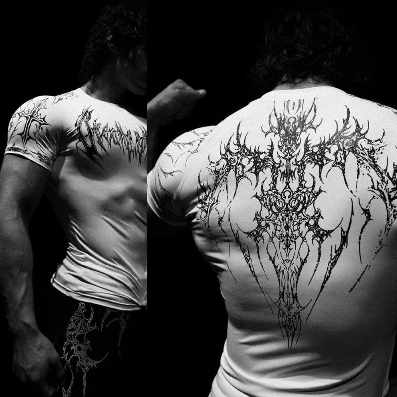 Tricou de antrenament slim cu imprimeu Skeleton demon, amestec Milk silk-poliester 91-95%, mâneci raglan, guler rotund, uscare rapidă, respirabil, absorbție umezeală, vară 2025