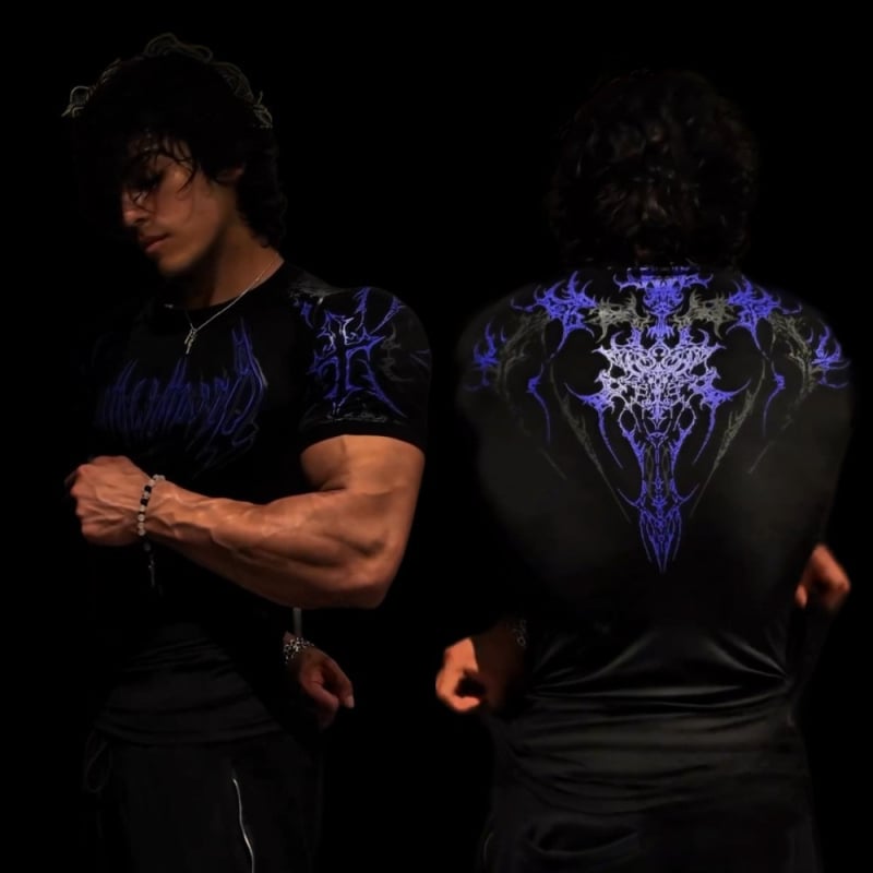 Tricou de antrenament slim cu imprimeu Skeleton demon, amestec Milk silk-poliester 91-95%, mâneci raglan, guler rotund, uscare rapidă, respirabil, absorbție umezeală, vară 2025