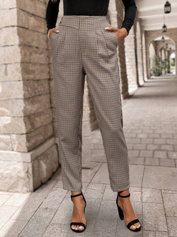 Harém hlače s visokim strukom, karirani uzorak, duge, poliester-spandeks mješavina, bez glačanja, uredski casual stil