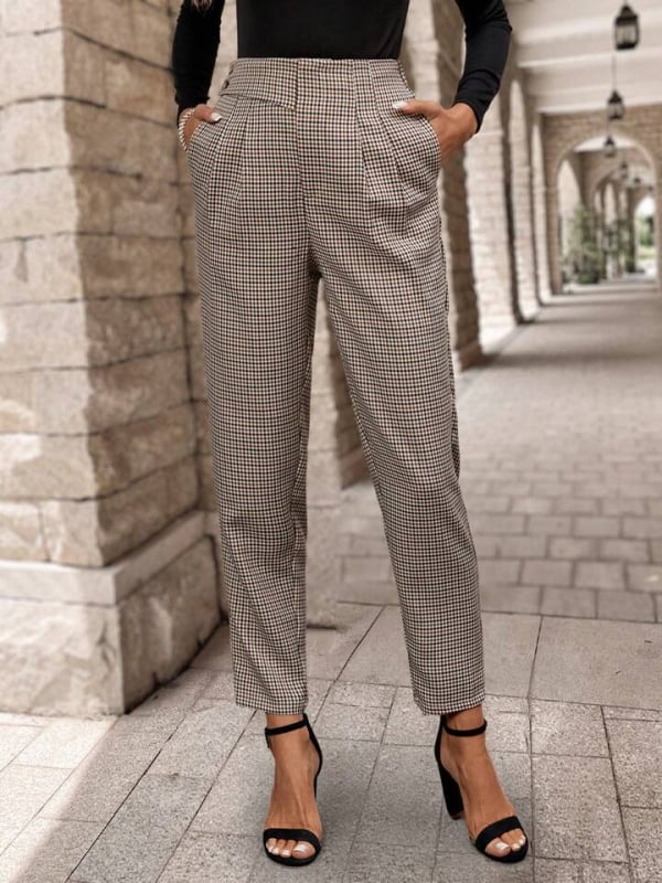 Harém hlače s visokim strukom, karirani uzorak, duge, poliester-spandeks mješavina, bez glačanja, uredski casual stil