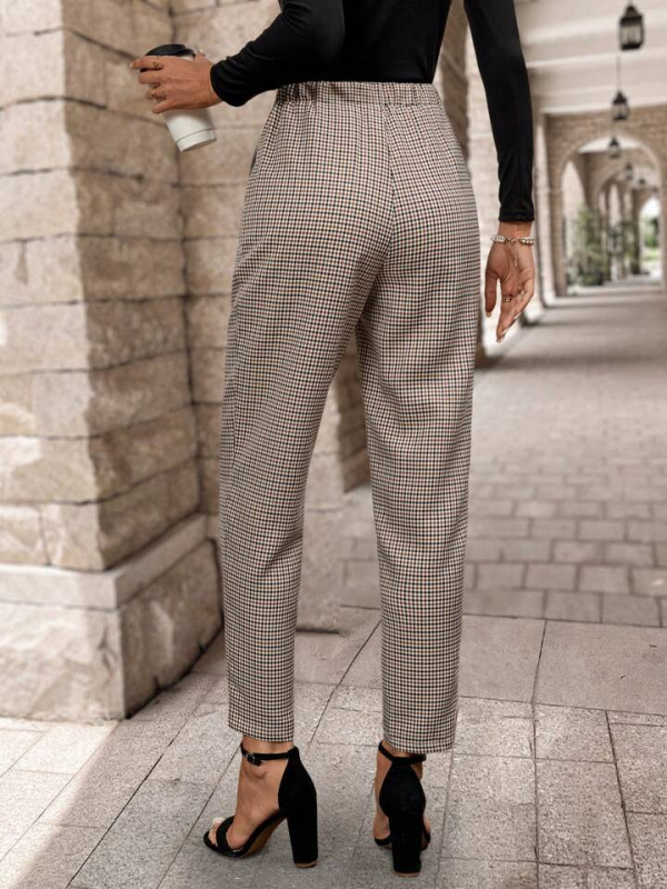 Harém hlače s visokim strukom, karirani uzorak, duge, poliester-spandeks mješavina, bez glačanja, uredski casual stil