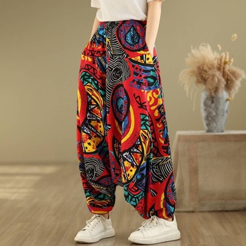 Casual baggy haremske hlače s etničkim uzorkom, visokim strukom, širokim krojem, pamuk i lan, ljeto 2025