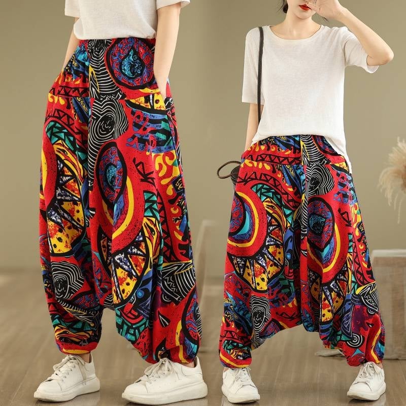 Casual baggy haremske hlače s etničkim uzorkom, visokim strukom, širokim krojem, pamuk i lan, ljeto 2025