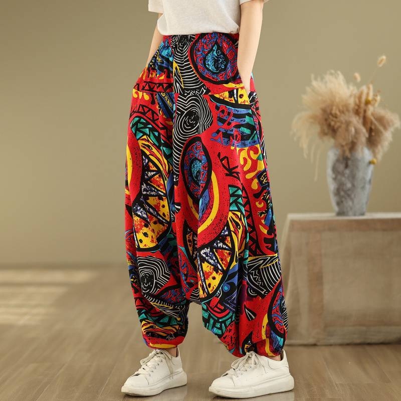 Casual baggy haremske hlače s etničkim uzorkom, visokim strukom, širokim krojem, pamuk i lan, ljeto 2025