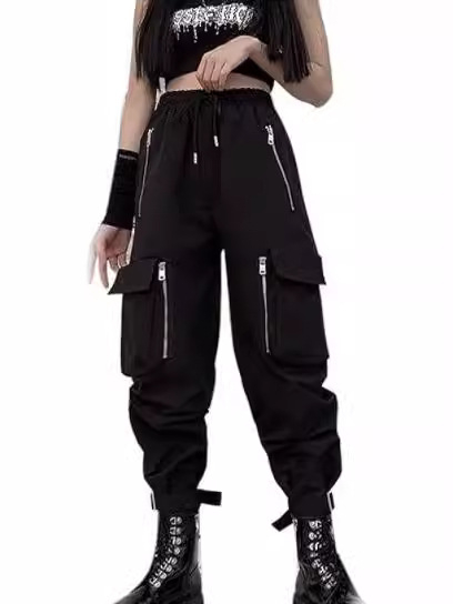 Dámske nohavice na jar 2024, voľný strih, polyester, stredná výška pása, s zipsom na koncoch nohavíc, street hipster štýl