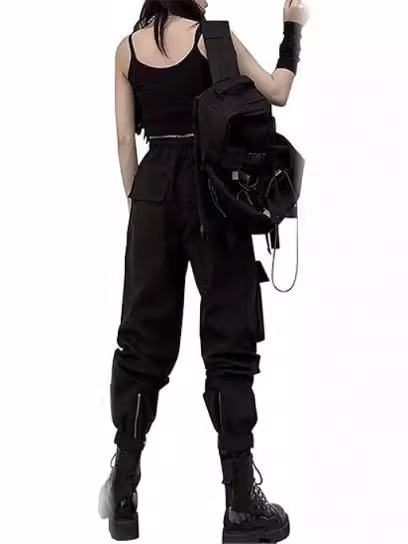 Dámske nohavice na jar 2024, voľný strih, polyester, stredná výška pása, s zipsom na koncoch nohavíc, street hipster štýl