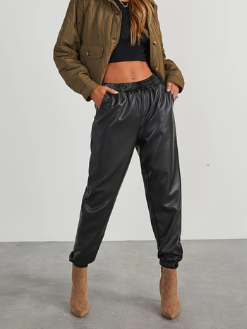 Dámske nohavice z PU kože pre šport, vysoký pás, predný otvor na jedny gombom, priedušné, 95% polyester / 5% elastán