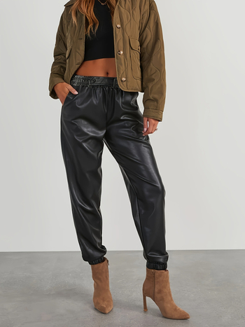 Dámske nohavice z PU kože pre šport, vysoký pás, predný otvor na jedny gombom, priedušné, 95% polyester / 5% elastán